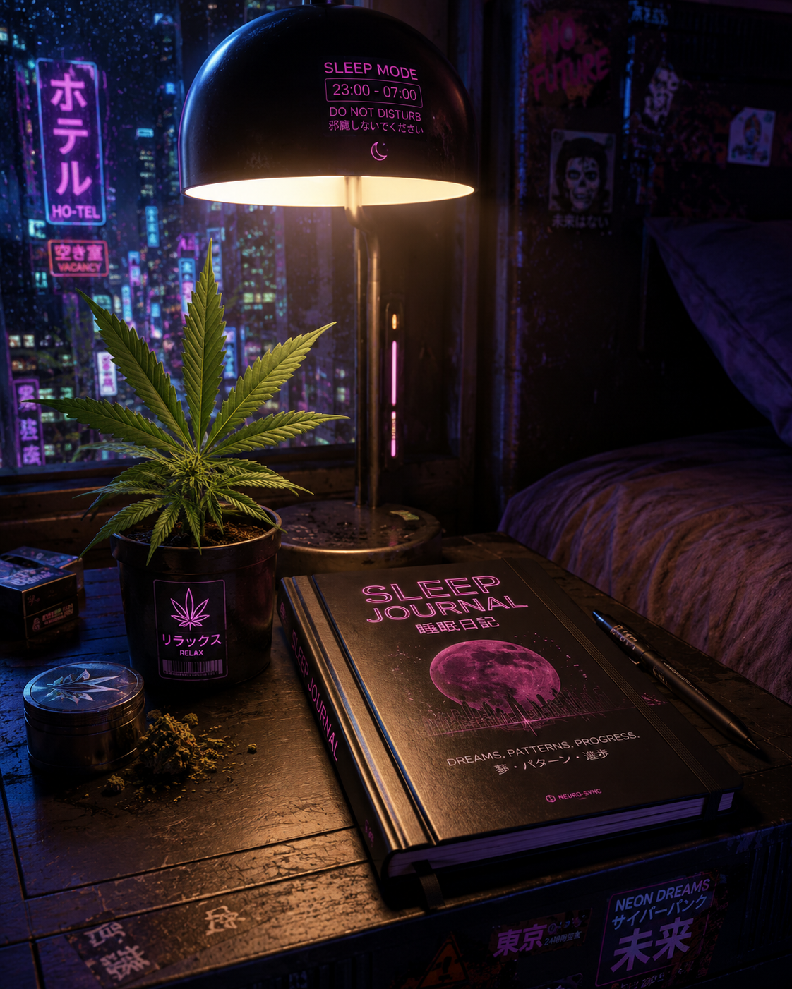 Cannabis leaf beside a bedside lamp and sleep journal