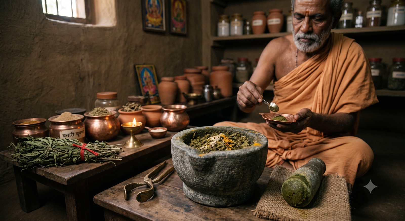 Bhanga leaves and Ayurvedic mortar, symbolising Cannabis in classical Indian medicine.
