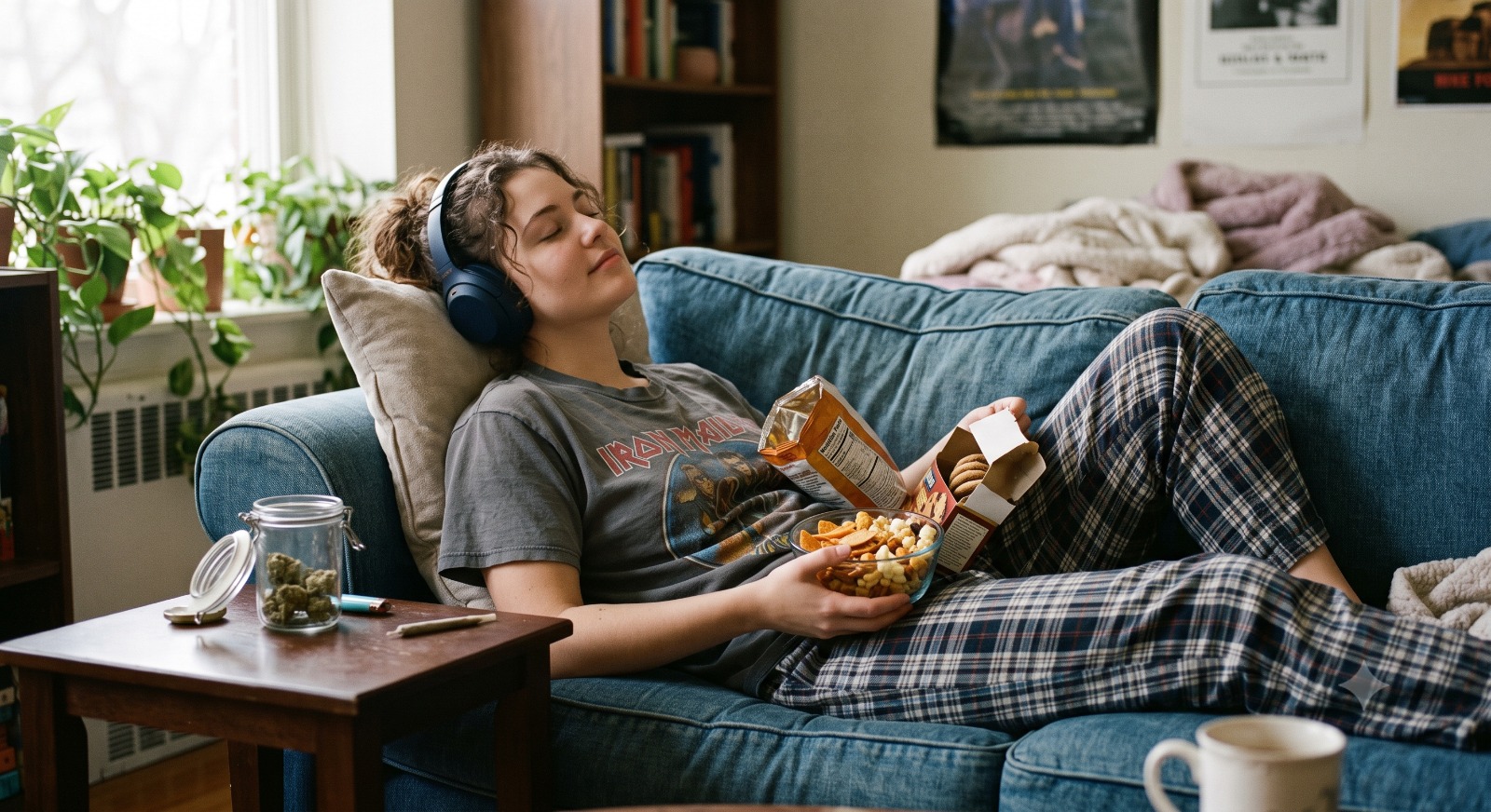 Person relaxing with headphones and snacks after consuming marijuana