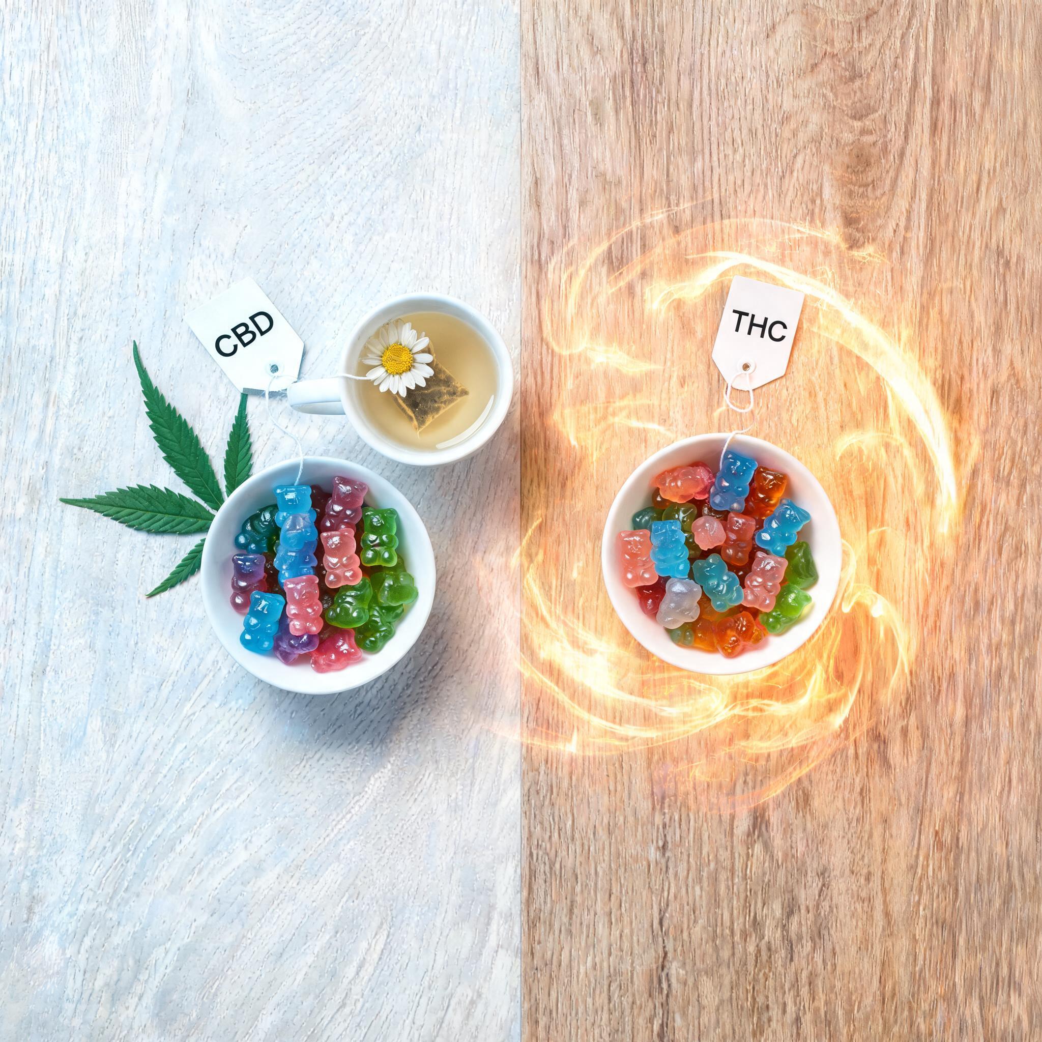 CBD gummies and THC gummies side by side showing texture and color differences