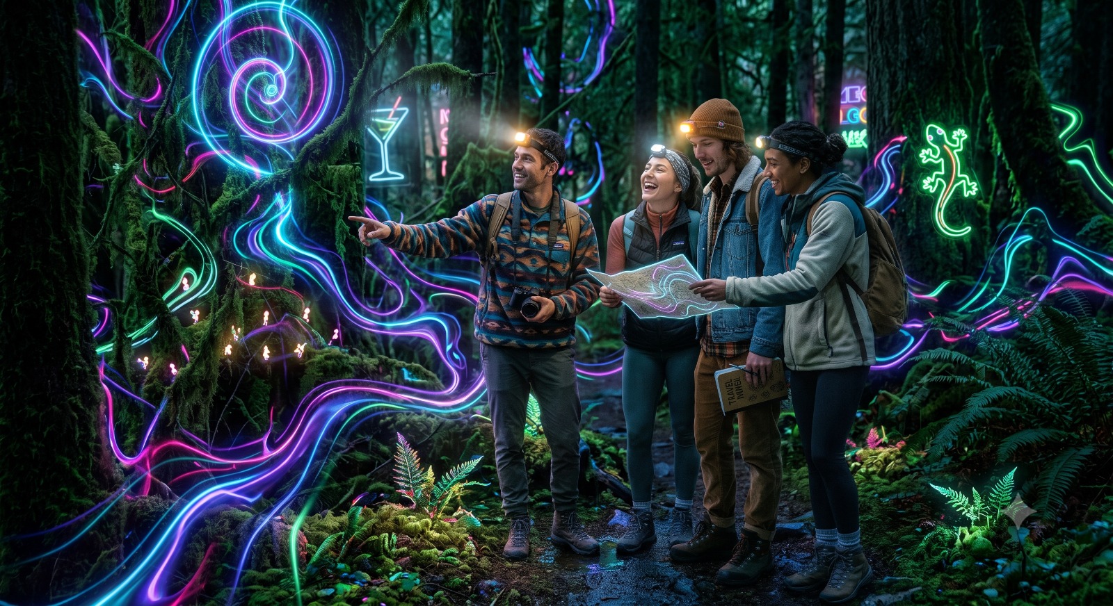 A traveler with a headlamp smoking in a lush, mossy green rainforest swirling with glowing, neon light trails and psychedelic signs.