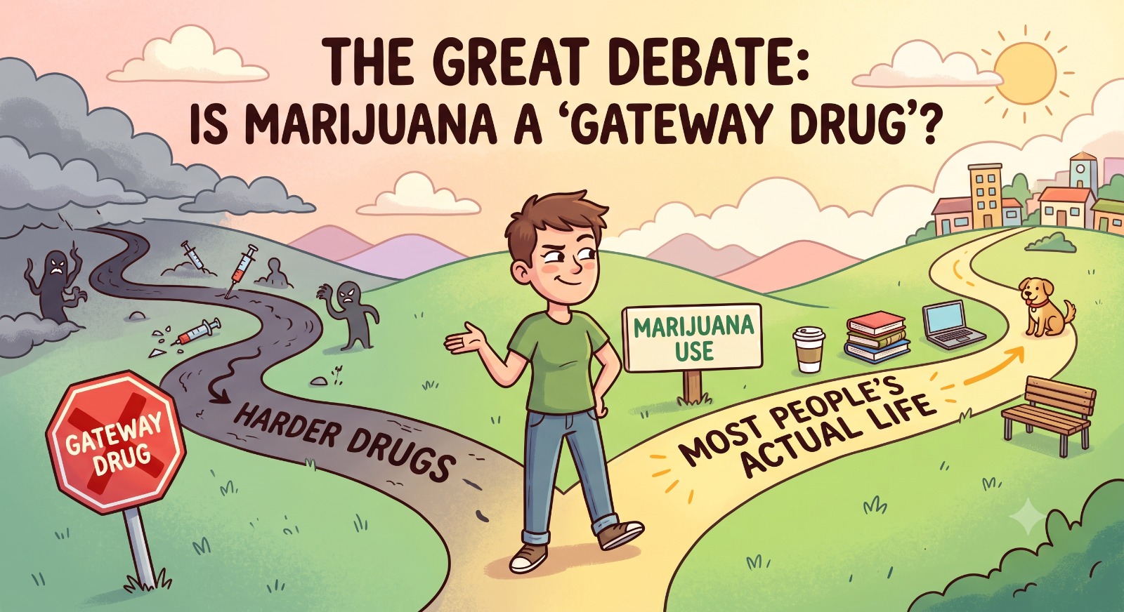 crossroads between different life paths in a fun